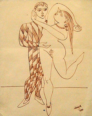 Untitled (Harlequin & nude in brown ink)