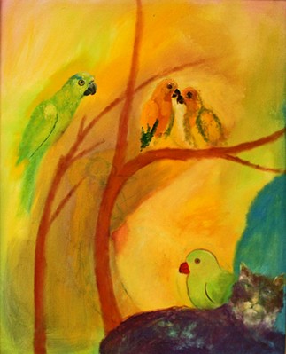 Parrots and cat on yellow ground