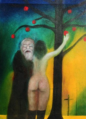 Old man and rear view of nude girl under apple tree  - 1989