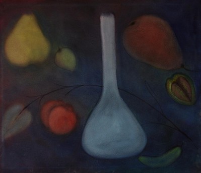 Vase with fruit on blue ground