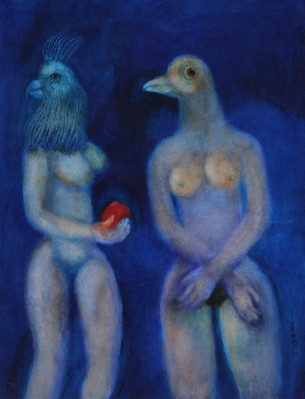 Two bird-headed women on blue ground - 1999