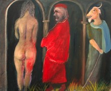 Rear view of female nude, man in red & goat-headed man