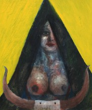 Woman in black triangle with cow horns