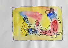 Untitled (Men lying down looking at woman's back)
