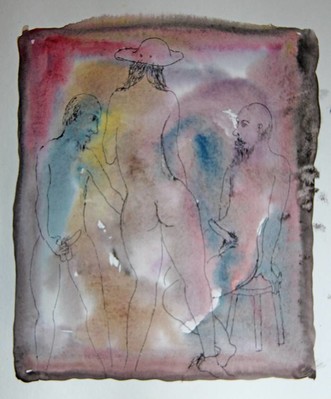 Untitled (two nude men and nude woman in hat)