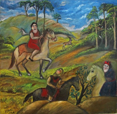 Untitled (Three men on horseback in a landscape, one in a red dress and black heels) - 1986 to 1987